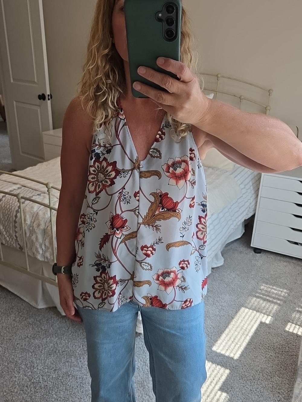 LOFT Floral Flowy Halter Camisole - Baby Blue with Red and Cream Floral